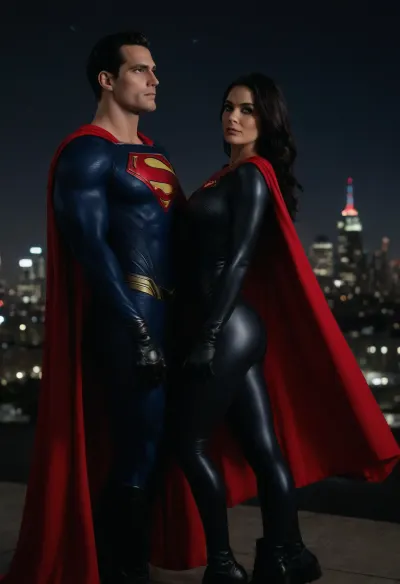 A man and a woman standing on a rooftop, the background is a city skyline, night time, stars are visible, lighting is dramatic, (woman is a female superhero:1.2), (woman is beautiful:1.2), (woman is fit and athletic:1.2), (woman has long black hair:1.2), (hair is straight and flowing in the wind:1.2), (woman is wearing a black superhero suit:1.3), (suit is skin tight:1.3), (suit has glossy black material:1.3), (suit reveals cleavage:1.3), (suit has high boots and gloves:1.3), (suit hugs her curves:1.3), woman has a confident expression, she is looking at the viewer, (man is Superman:1.4), (man is tall and muscular:1.4), (man has short dark hair:1.4), (man is wearing his classic red and blue Superman suit:1.4), (cape is blowing in the wind:1.4), (Superman is standing behind the woman:1.4), (his eyes are glowing subtly red:1.4), ultra realistic, 8k detail, high resolution, cinematic lighting, photorealism, <lora:Henry-Cavill:1>