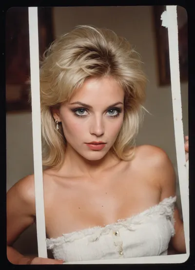 ziprealism, (1980s rock star, fierce attitude, seductive pose, 1980 fashion:1.6), (intimate analog snapshot esthetic, analog photo, rounded picture border, scanned photograph, sharp focus, medium closeup, focus on eyes:1.8), (ash blonde hair, 1980 hair style, glam hair, feathered hair:1.6), (livid lipstick:1.2), (dorm, dorm room, college bedroom, 1980 decor:1.6), (masterpiece, best quality, 8k, RAW photography, award-winning, uncompressed, maximum quality), (professional color grading:1.2), (softly blurred background, soft bokeh), (natural skin texture, realistic skin details, subtle vellus hairs), (maximum clothing detail), (maximum hair detail, natural hair texture), (perfect eyes, maximum eye detail, expressive eyes, realistic eye texture:1.4)