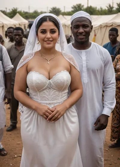 A happy sensual Iranian curvy Busty bride and cuckold groom standing hand in hand in front of an African refugee camp, interracial gangbang, creampied pussy, cum in pussy, heavy cum in pussy, angry black skin brute. They are smiling warmly and appear supportive and compassionate. The man has short dark hair, light to medium skin tone, giant and very very large black penis, BBC, very large black cock, The woman is wearing a white luxury wedding dress and headscarf, has fair skin, and a friendly expression. Behind them is a simple refugee camp with tents, modest shelters, and a few African muscular angry man the background. The atmosphere is hopeful, peaceful, and filled with a sense of solidarity and kindness., ral-frozenslime, <lora:dAIversityUnderstandingXLRealistic:1>, <lora:ral-frozenslime-sdxl:1.4>