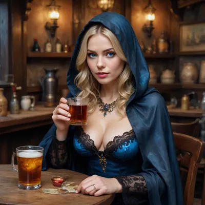 a Russian beauty milf, (blonde hair, blue eyes, medium breasts), rich aristocrat, incognito, in a black cape with a hood thrown over a rich dress, sits in a dirty dark tavern among drunken beggars. clay mugs, sexy cleavage, lace filigree of bright, rich color. Super clear, highly detailed watercolor, glaze technique, plus colored alcohol ink, style of V. Vasnetsov