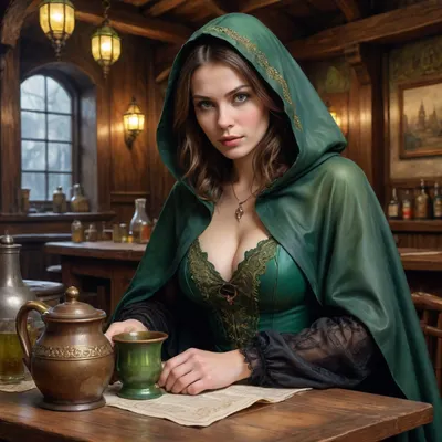a Russian beauty milf, (dark brown hair, green eyes, medium breasts), rich aristocrat, incognito, in a black cape with a hood thrown over a rich dress, sits in a dirty dark tavern among drunken beggars. clay mugs, sexy cleavage, lace filigree of bright, rich color. Super clear, highly detailed watercolor, glaze technique, plus colored alcohol ink, style of V. Vasnetsov