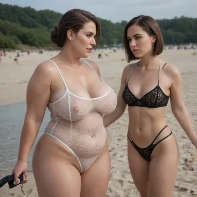 A souvenir photo, (((a skinny naked 20-year-old loser cuckold black boy cum in their black chastity and fishnet short))), ((a super sexy 45 year old white MILF mistress plump curvy mother with brown bobcut hair and a tall, chubby body in sheer swimsuit)), on the beach party, woman is angry, femdom mom, mistress mom, QOS, nice legs, thick arms, short neck, completely, nude, NSFW