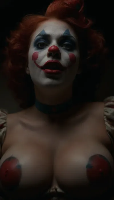 ziprealism, (sharp focus, tight closeup, Dutch Angles, focus on eyes, crazed eyes, eerie, low angle view), (clown, clown girl, painted face), (huge breasts, tight top), (chiaroscuro:1.6), <lora:zavy-cntrst-sdxl:1.8>