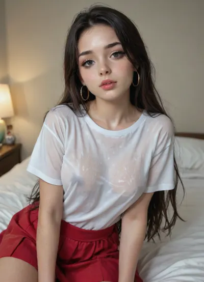 Nezuko from demon slayer, sadako, Japanese, (teen:1.5), instagram slut, perfect skin, thick lips, extremely beautiful face, head to thighs, elsa from, messy hair, bangs, gorgeous, waist, big lips, smilling face, at bedroom, dangling jewelry, hoop earrings, tamada heijun art, perfect body, beautiful wet shiny long hair, wet skin, extremely realistic, beautiful face, seductive look, (orgasm face:1.2), horny, she ware white tshirt and red skirt