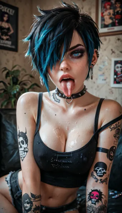 girl, thin, busty, perky breasts, pixie hair covering one eye, emo, she is licking butthole with her tongue