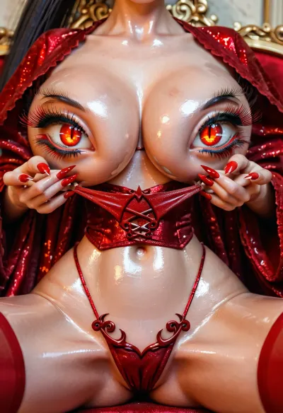 miniature girl, (demon:1.5), close-up, long ponytail, shiny skin, red eyes, (Long lashes:1.2), red lipstick, beautiful detailed face, manicure, Long nails, looking at viewer, (narrow waist), clutching, big breasts, Legs spread, (Paradise pleasure), Pulling, red stockings, shiny bikini, shiny robe, in red castle, red chair, front view, best quality