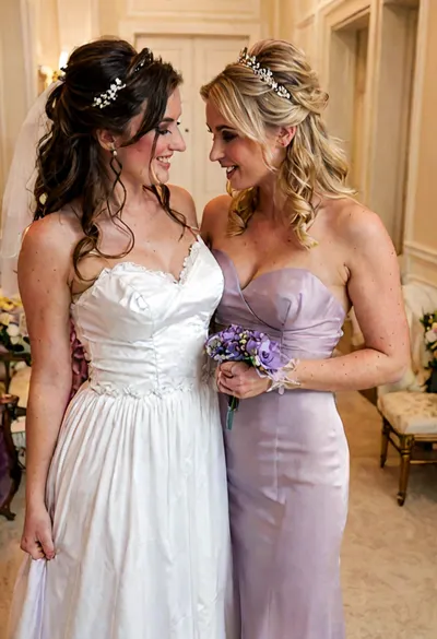 Just before the wedding ceremony was about to begin the bride and her maid of honor found themselves making passionate love to each other in the bridal suite, (1girl), color, dark-haired bride in white dress, ((blonde maid of honor in purple dress:1.8)), <lora:style_lora_realis:.8>