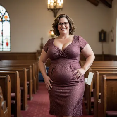 Ordinary 50-year-old buxom American woman with big hips in her church dress, fully dressed, short wavy brown, glasses, very overweight, large breasts, smiling, full body view