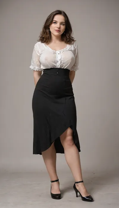 a photo of a beautiful fully clothed 20yo woman, perfect massive natural breasts, erect nipples, brown hair, big wide hips, sylish shoes, feet, professional photo, studio shot, (low contrast:1.1), (simple background:1.2), view from below, she is looking down at the camera, smile, victorianstyle, <lora:victoriansxl_v1:1>, in an english victorian house lounge