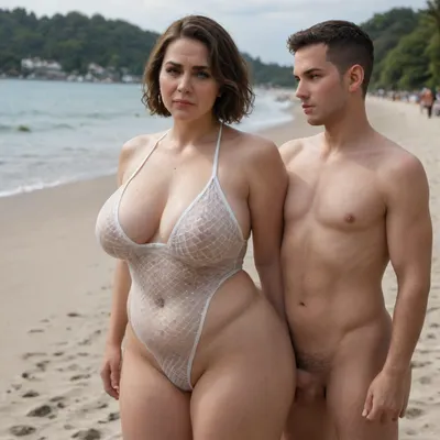 A souvenir photo, (((a skinny naked 20-year-old loser cuckold boy cum in her white fishnet short))), ((a super sexy 45 year old white MILF mistress plump curvy mother with brown bobcut hair and a tall, chubby body in sheer swimsuit crying on the left side)), on the beach, woman is angry, femdom mom, mistress mom, QOS, nice legs, thick belly, thick arms, very short neck, short upper chest, completely, nude, NSFW