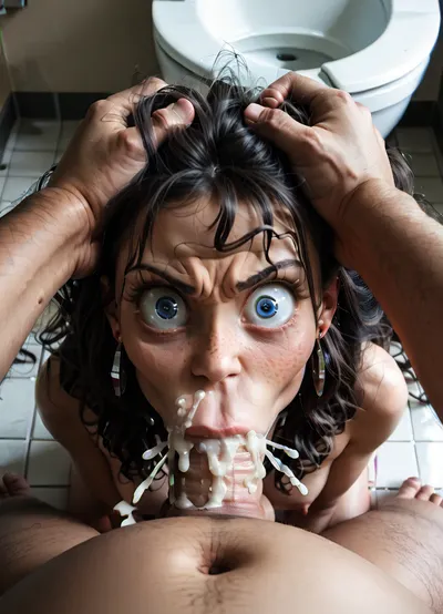 (UHD 8K, masterpiece, best quality, maximum details, extreme realism, cinematic still), (beautiful 18 years old skinny caucasian girl), (restroom), black hair, front bangs, long hair, (blue eyes), (small perfect breasts), (big butt), (cleavage), (freckles on face), (nude, naked, visible breath), (grabbing another's head:1.5), (kneeling on floor), (tall fat man:1.2), (huge penis:1.2), (deepthroat:1.5), (irrumatio:1.5), (cum in mouth:1.5), (ejaculation:1.5), (gushing cum), (cum explosion), (wide-eyed:1.5), (disgusted:1.3), (pov)