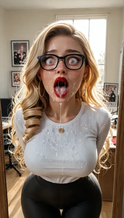 (((UHD 8K, masterpiece, best quality, maximum details, wide hips, shows her hips, natural lighting, extreme realism))), (((real picture effect))), ((evening time)), (((beautiful 25 year old caucasian natural busty girl))), (((perfect face))), ((mouth dripping lot saliva)), (((beautiful))), (personal office), nerd glasses, hoop earrings, (blonde long disheveled drill style hair), (long hair), ((naughty)), ((front bangs)), (long eyebrowns), (big d cup natural drop form breasts), (freckles on face), wide hips, slim waist, big boobs, (Spandex tight naughty yoga pants), (tube shirt), (stilettos), (shocked:1.6), (pov bukkake tits), (((red lipstick)))