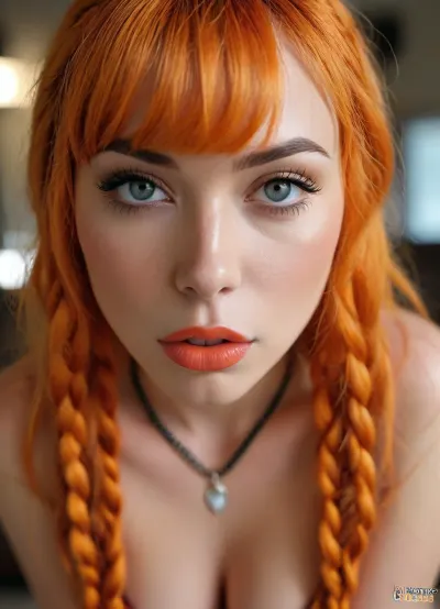 HD masterpiece, professional candid photo, score_9, score_8_up, maximum detail, (macrolens), volumetric lighting, (one goth woman, name Maria, 30 years old, model, very tall, long legs, toned body, large breasts, very wide hips, large round ass, narrow waist, small waist), beautiful face, (bright blue eyes, almond-shaped eyes), orange braids bangs hair, (orange braids hair with bangs:1.5), (heart shaped face, long pointy nose, large forehead, thin well-defined eyebrows, upturned nose, gently tapering jawline, round chin, piercing gaze, symmetric face), black lipstick, goth makeup, highly detailed skin texture, (wearing loose orange sundress), on her knees, sweat body, (ultra detailed image, high resolution, high level of detail), (blowjob:1.5), hard fat cock in mouth, moaning, (focus on face, view from above), 35mm, <lora:MJ52:.8>, very close up focus of her mouth, black gloss lipstick, sucking, cock, <lora:cockteaseLoRASDXL:.8>