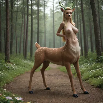 masterpiece, best quality, highly detailed, 4k, highly detailed face, full body view, ((((anthro deer body:1.7), (humantaur with second deer body, four legs:1.5))), (slim figure, very very long blonde hair undercut, full sagging breasts, green enchantress trinkets. Blossoming and blooming flowers on her. She is one with the forest. Pure pure beauty. small hourglass figure, Giantic bigcrotch tattoo), Sunrise, Forest, Long Shot)
