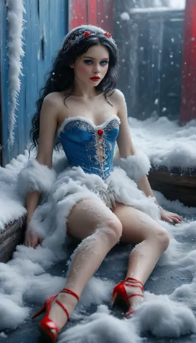 hyper realistic, ultra high details, award winning photo, hdr, professional photography, stormy weather, thunderstorm, lightning strike, wind, blowing hair, (Full body image:1.8), "Snow White and seven dwarfs", ("Snow White" 18 years young slutty prostitute masturbating:1.8), she is a horny submissive sex slave in winter forest, (blowing kiss:1.4), ((petite:1.7)), (slim:1.7), ((long legs:1.6)), (drug user), (sitting in doggystyle on a ice dildo, one leg on side, other leg is up:1.3), ((pet collar)), (body full covered with lot of ice and snow:1.8), (head covered with ice and snow:1.8), (she looks at viewer lovingly:1.4), (shy smiles), (squatting down on a huge anal giant ice-dildo:1), ((body is frozen, complete covered with huge amount lot of ice and snow:1.8)), (sweet young adult girl corrupted into a slutty nymphomaniac), ((revealing dress)), ((large hips, long legs, busty, showing her perfect and detailed feet, low-cut, deep cleavage, supermodel)), (druggy), ((addicted to sperm)), (choker), (detail hands holding a giant thick ribbed black dildo:1.2), wrecked, no-morals, shameless, (((seductively lying on a piece of wood:1.5))), (red light from behind top corner:1.5), ((luminescent blue eyes:1.5)), ((black hair:1.4)), ((begging the viewer for cum:1.4)), (in the background one small wooden bordello with_red_neon_signs), ((revealing snow-white style skintight shiny mini dress:1.5)), choker, ((piercings)), ((small bow in the hair)), (shaved pussy), (stockings with support), ((perfect fingers)), ((perfect hand)), (detailed skin texture), (shiny ultra white iced skin:1.6), mascara, subsurface scattering, ((perfect legs)), ((cameltoe)), ((red long kneehigh plattform high heels:1.6)), The setting is winter forest with lot of used condoms and smoke, cindrt, 4ss_p4nts, shiny, latex, tank, top, pants, belt, ral-glacial, look, at, my, prompts, ais-darkpartz, <lora:MJ52:.6>, <lora:FF-WoMM-XL-FA-v0208-TE:1.4>, <lora:ral-glacial-sdxl:1.4>, <lora:SDXL_Sevenof9_7th_NSFW:.6>, <lora:Dark_Particles_Style_SDXL:.8>