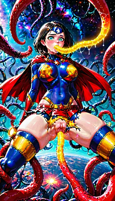 Beautiful superhero woman, horny for tentacles.. Flying in the sky. Massive breats, barely covered by ripped open tank top. Mini skirt. Perfect vagina. Tiny red cape. Tentacles space alien wrapping glowing tentacles all around her. Tentacles fucking vagina. Tentacles fucking mouth., tentacles, <lora:MS_Real_XL_Tentacles:.8>