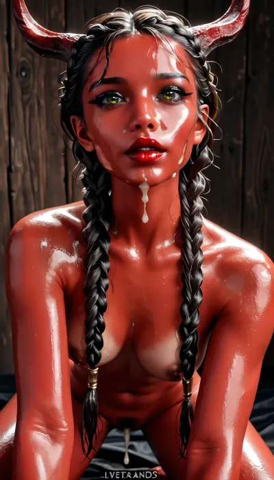 Medieval bedroom, Extreme cute pretty black haired tiefling woman with dark reddish skin, (with horns:1.3), slim fit perfect hourglass body shape, naked oiled body, (slim arms and legs:1.2), small perky breasts, (classic prelonged black eyeliner, eyes look larger because of the eyeliner style:1.5), realistic skin, detailed skin, detailed face, detailed eyes, 8k, hd, realistic, realistic face, natural face, masterpiece, glossy lipstick, deep red lipstick, trimmed pubic hair, she poses for the viewer, very sexy, red skin colour, oiled, cum in pussy, (braided hairstyle with loose strands framing the face:1.4), oral sex