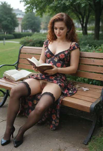voyeur shot, redhead woman, (((reading a book))), 1980s, legs crossed, (laying on a bench, in a park, on the belly), full body view, ((hairy pussy)), 1970s pinup model, in the Moscow, USSR Epoch, in Moscow park, evening, pin up, beautiful dress, in the ussr, Happy woman, In stockings, retro style, professional modelshoot style 8k high definition, floral, print, 1shoulder, dress, no, bra