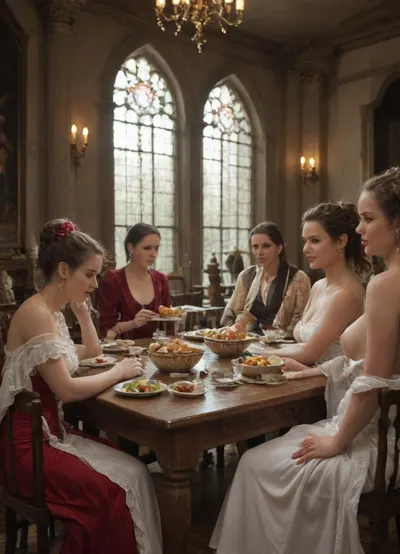 35mm, wide angle, 10 naked girls, perfectly beautiful, of different ages, every 10 girls sitting at the table, eat from bowls full of sperm, view from one of those sitting at the table, 10 men, erect penises, every men are standing on the table, from penises twist drops of sperm over the bowls every girls, fantasy-style scene showing a group of women of various ages sitting at a large elegant table. Each woman is seated across from a single man standing on her side of the table. The table is beautifully decorated with candles, flowers, and luxurious dinnerware. The atmosphere is warm and inviting, with soft lighting and rich textures. Women are dressed in elegant evening gowns, and men are wearing stylish suits. The setting looks like a magical banquet hall or enchanted ballroom