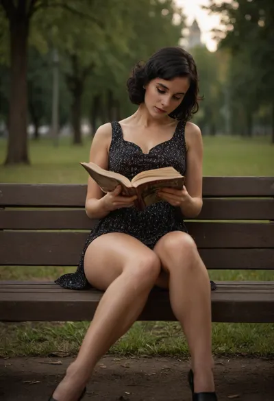 voyeur shot, black hair woman, (((reading a book))), 1980s, legs crossed, (laying on a bench, in a park, on the belly), full body view, ((hairy pussy)), 1970s pinup model, in the Moscow, USSR Epoch, in Moscow park, evening, pin up, beautiful dark summerdress, in the ussr, Happy woman, In black stockings, (muscular legs:1.3), retro style, professional modelshoot style 8k high definition, floral, print, 1shoulder, dress, no bra