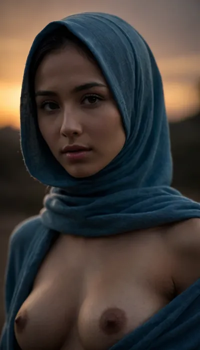 nude asian girl, thin lips, perfect nose, sharp chin, chin up, soft blue hijab, hijab around neck, (undercap), sky blue cardigan, (((breasts exposed))), large sagging breasts, errect nipples, simple make up, fair skin, textured skin, innocent smile, elegant vibe, 21-year-old, evening, sunset, light from behind, cinematic photography, closeup, low angle, side view, scarf, silkseries, <lora:add-detail-xl:.8>, <lora:dark:.8>, <lora:hijab-style:.8>