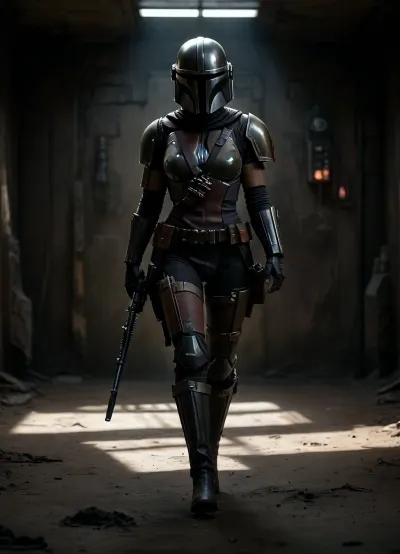 Uber realistic, 8k, ultra detailed, masterpiece, Star wars female, mandalorian, black belt, black boots, (painted sexy mandalorian armour and helmet), full Body Photo in sci fi setting, Future, Star wars, pussy, exposed, (pussy in view), (exposed pussy), (show pussy), bottomless, nude, action pose, <lora:add-detail-xl:.8>, <lora:style_lora_realis:.8>, <lora:dark:.8>, detailxl