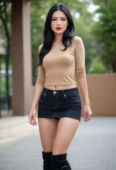 masterpiece, ((view from rear:1.7)), beautiful 40 years old asian woman, raised nasal tip, modest smile, (dark red lipstick), (brown eyeshadow), ((denim miniskirt:1.5)), (dressed people in background), (sweating), (naked shaved pussy), beautiful thin face, slim body, narrow waist, ((straight-wavy long black hair)), small breasts, ((full length view)), highest quality, perfect quality, natural, summer, sunny, (((brown platform high-knee boots:1.6))), clothes, ((((full body shot)))), ((small breast)), ((nipples)), ((camel toe:1.6)), (((black tight crop top))), short red jacket, ((tigh gap:1.8)), (lump between legs:1.8), (long black hair:1.7), (full shot:1.7)