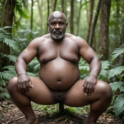 A 55 year old fat bald African black man, big belly, grey beard really dark skin, hairy penis, naked, full view squatting with hands on thighs, in a jungle