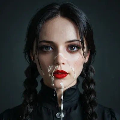 facing camara, 1 girl solo, sppoky moonlight mansion in distance, (intricate detailed Wednesday Addams face), intensely proud expression, (huge dark eyes with detailed black iris:1.2), dark bllod red lipstick detailed high collar buttoned black gothic top, very long very thick black briaded pigtails hair, several strings of thick lumpy white cum splashed across her face, after messy bukkake, several strings of thick lumpy white cum splashed over her hair, cum dripping, high detail, sharp focus, perfect lighting, awesome, dslr, 4k high quality. extra detail, extra sharp, magical, perfect moment, natural skin, pores, w3dn3sd4y, <lora:Wednesday-Jenna SDXL1.0:.8>