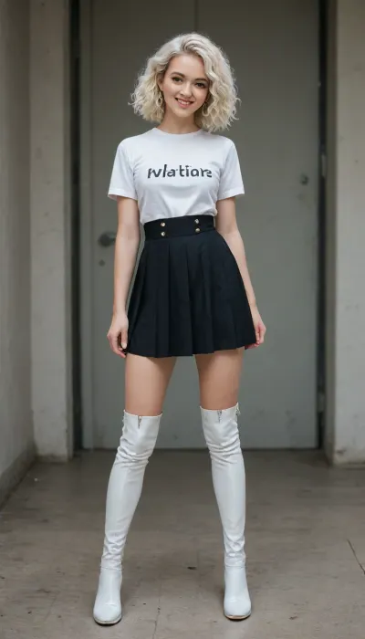 white thigh high boots, skirt, face, kpop idol face, smile face, full body view