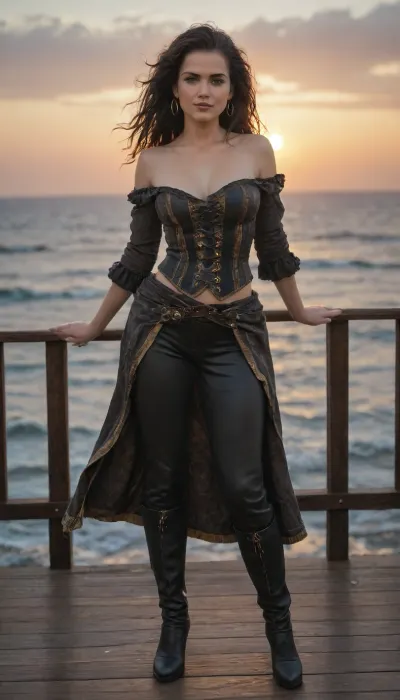 A sultry pirate woman standing on the deck of a weathered ship at sunset. She has long, windblown hair, a teasing smirk, and wears a fitted corset with gold trim, leather pants, thigh-high boots, and a sash with a flintlock pistol. Her confident stance and exposed shoulder hint at danger and allure. The ocean glistens behind her as a tattered black flag waves overhead, full body view