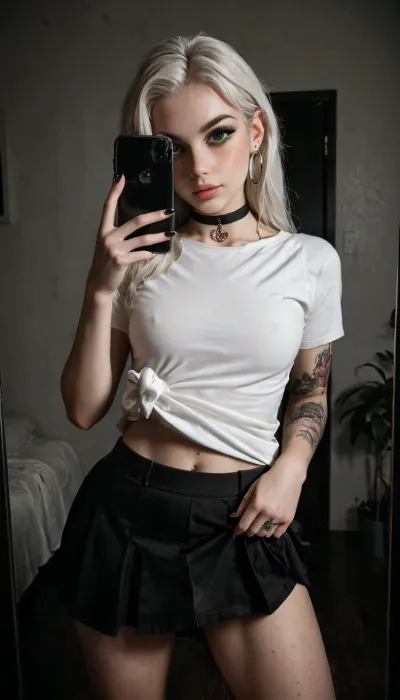 1 girl, 21 years, white hair, green eyes, freckles, iphone, mirror, selfie, holding, alt fashion, iPhone, alternative fashion, piercing, choker, long eyelashes, arrows on the eyes, cosmetics, mascara, short skirt, skirt lift, lift with one hand lifts the skirt, skirtlift, <lora:skirtlift_xl:.5>, <lora:dark:.6>, <lora:dvr-shrp:.8>, <lora:Image Enhancer XL Extreme v1:.8>, <lora:Rawfully Stylish v0.2_epoch_20:.7>