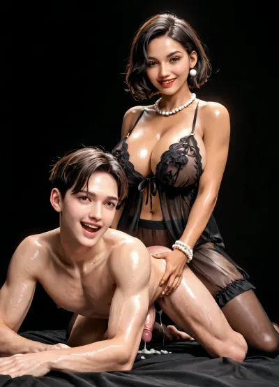 An ultra realistic, high detailed photo, black room, black background, (slender and slim latina futanari with black stocking and medium black bobcut hair on male), latina, (femdom, futa fuck white man analy, futa pegs male, doggy style), cumming, mega massive futa dick, mega big heavy black futa balls, gigantic breasts, perfect slender body, slim waist, tanned skin, massive milky breasts, big white pearl earrings, several fine gold and pearl necklaces, several fine gold and pearl bracelets, black eyes, brown eyes, full and plump red lips, looking at viewer, laughing, wet skin, oiled skin, cum covered, sexy see thru nightie, <lora:209970_training_data:.9>, <lora:287175_training_data:.9>
