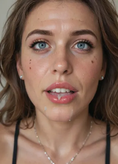 (one person), (milf:1.2), (mature:1.2), (wrinkles:1.2), (wide open mouth), (narrow face:1.1), wide jaw, wide cheekbones, snub-nosed, (sharp face features:1.1), big eyes, (wide open eyes), messy hair, lush hair, wild hair, (dark pink lipstick), (ruined makeup:1.1), (big lips), (wide mouth), cum dripping, (drooling), spitbubbles, spitstring, (tears), black bra, (facial:1.2), (cum covered face:1.2), necklace, (cum overflow), (sweat), cum on face, cum on hair, cum on eye, (wet hair), (sticky face), (bukkaked), (close up:1.1), cuckold, wife, pov cumkiss, insane look, wicked smile, (lips forward), (open mouth), (mouth full of cum), (tongue out:1.2)