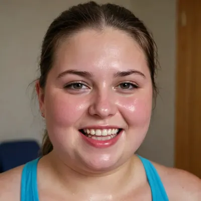 A young chubby woman, 20 yaers old, who has just finished training with the moist in her face, sweating, thick lips, body completely sweaty, exhausted and happy smile. in high definition., pitstain, pitstains, <lora:Sweaty_Realism_4-000006:2>, <lora:pitstainxl:.8>