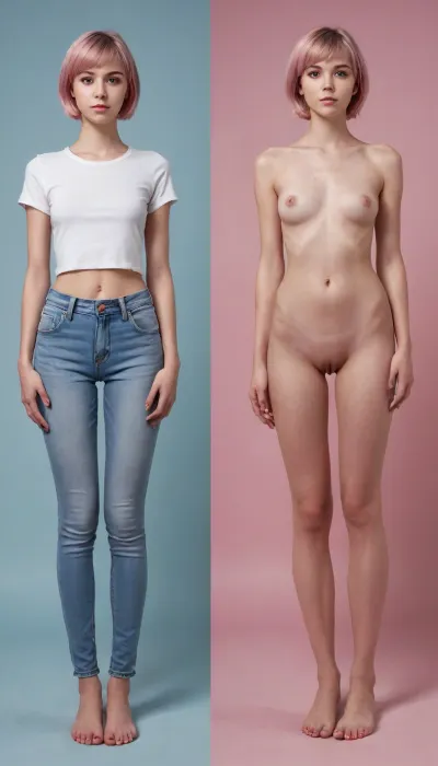 Elegancia intemporal: un viaje de 20 años hacia la perfección hiperrealista - vista frontal y trasera de una chica tierna, delgada en denim y blanco