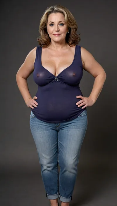 1/3 side view, This striking full-body portrait, meticulously presents a mature, Armenian, very obese, (chubby), (gilf), 60 years old. Her presence dominates the frame against a stark and unassuming plain black backdrop, ensuring all attention is directed towards her.
Her face is a compelling focal point, showcasing soft, mature features. Her skin has wrinkles, possessing a natural, even complexion that hints at a life well-lived. There are subtle suggestions of maturity around her striking light blue eyes, which are the windows to a confident and knowing gaze directed straight at the viewer. Her facial expression is inviting, marked by a sexy and authentic smile that subtly lifts her big, plump, and juicy lips, teeth showing, lips parted. The contours of her face are soft, lacking harsh lines, contributing to her approachable demeanor.
Framing her face is her long, brunette hair, which cascades over her shoulders with a natural wave. Interspersed within the brunette are distinct and visible streaks of gray, unequivocally signaling her mature age and adding a touch of distinguished elegance to her appearance. Her hair is styled with a simple part slightly to her right, allowing it to fall naturally and frame her face softly. Long hair.
Her body is plump and has a curvaceous figure, obese. Her mature physique is evident in several key areas, wide hips that suggest a feminine silhouette, a noticeable fupa, which is a roll of fat in the upper pubic area, a chubby pelvis, and a plump waist, all contributing to her substantial and womanly form. Her breasts are presented in a realistic manner, appearing saggy due to age and gravity. The thin fabric of her t-shirt allows for the distinct outline of her nipples to be visible, indicating the absence of a bra and adding to the naturalism of the portrayal. Braless.
She is comfortably dressed in a form-fitting, sleeveless v-neck t-shirt in a solid, medium heather gray color. The fabric appears to be a thin cotton material, which subtly clings to her curves, further emphasizing her plump figure. The v-neck cut is notably deep, drawing the viewer's eye to her décolletage, a classic area of mature feminine allure. Below the hem of the t-shirt, the top portion of what seems to be high-waisted blue jeans are unbuttoned and unzipped, open, pubic hair is visible, suggesting a casual yet comfortable style. Her pants are form fitting, providing a slight definition to her ample midsection, and curves. Unzipped jeans.
Her hands are positioned near her breasts, conveying a relaxed and natural posture. On her left hand ring finger, she wears a prominent wedding ring featuring a big, sparkling diamond, blue eyes, downblouse, nipslip, auburn, <lora:RealDownblouseXL2:.3>, <lora:Older_woman_v4-000002:.8>