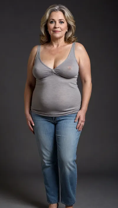 1/3 side view, This striking full-body portrait, meticulously presents a mature, Armenian, very obese, (chubby), (gilf), 60 years old. Her presence dominates the frame against a stark and unassuming plain black backdrop, ensuring all attention is directed towards her.
Her face is a compelling focal point, showcasing soft, mature features. Her skin has wrinkles, possessing a natural, even complexion that hints at a life well-lived. There are subtle suggestions of maturity around her striking light blue eyes, which are the windows to a confident and knowing gaze directed straight at the viewer. Her facial expression is inviting, marked by a sexy and authentic smile that subtly lifts her big, plump, and juicy lips, teeth showing, lips parted. The contours of her face are soft, lacking harsh lines, contributing to her approachable demeanor.
Framing her face is her long, brunette hair, which cascades over her shoulders with a natural wave. Interspersed within the brunette are distinct and visible streaks of gray, unequivocally signaling her mature age and adding a touch of distinguished elegance to her appearance. Her hair is styled with a simple part slightly to her right, allowing it to fall naturally and frame her face softly. Long hair.
Her body is plump and has a curvaceous figure, obese. Her mature physique is evident in several key areas, wide hips that suggest a feminine silhouette, a noticeable fupa, which is a roll of fat in the upper pubic area, a chubby pelvis, and a plump waist, all contributing to her substantial and womanly form. Her breasts are presented in a realistic manner, appearing saggy due to age and gravity. The thin fabric of her t-shirt allows for the distinct outline of her nipples to be visible, indicating the absence of a bra and adding to the naturalism of the portrayal. Braless.
She is comfortably dressed in a form-fitting, sleeveless v-neck t-shirt in a solid, medium heather gray color. The fabric appears to be a thin cotton material, which subtly clings to her curves, further emphasizing her plump figure. The v-neck cut is notably deep, drawing the viewer's eye to her décolletage, a classic area of mature feminine allure. Below the hem of the t-shirt, the top portion of what seems to be high-waisted blue jeans are unbuttoned and unzipped, open, pubic hair is visible, suggesting a casual yet comfortable style. Her pants are form fitting, providing a slight definition to her ample midsection, and curves. Unzipped jeans.
Her hands are positioned near her breasts, conveying a relaxed and natural posture. On her left hand ring finger, she wears a prominent wedding ring featuring a big, sparkling diamond, blue eyes, downblouse, nipslip, <lora:RealDownblouseXL2:.8>