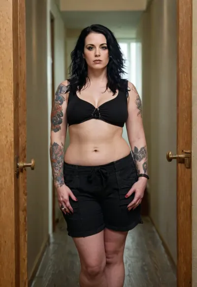 39 year old Caucasian woman, GOTH WOMAN, dressed casually, ((hourglass figure)), ((curvy body)), ((pale smooth skin)), jet-black hair worn in cascading waves, no makeup, sharp cheekbones, ((black occult tattoos)), tired eyes, occasional scowl, old worn-out tank tops, loose low-cut shorts, fuzzy slippers, standing in an apartment building hallway