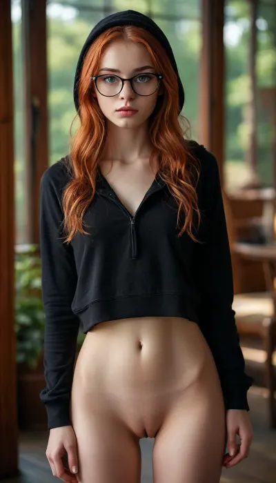 Young skinny Girl, view from front, looking at viewer, light red hair, long hair, glasses with black rim, slim, (warm ambient light:.5), (shadows:1.4), RAW image, Canon EOS R3, DSLR photo, 8k, best quality, (realistic, photo-realistic:1), (8k, RAW photo, best quality, (intricate details), perfect eyes, (perfect face), perfect lighting, beautiful, (best quality:1.2), very slender elegant young skinny girl with beautiful eyes, (long legs), perfect hands, ((wearing black Hoodie)), ((wearing no panties and no pants)), ((Extremely detailed tights)), (naked waist), (Leg gap), (very slender body), wide Spread legs, ((very hairy)), ((big bubble butt ass)), looking at viewer, outdoors, arched back, mooning), detailxl, <lora:add-detail-xl:.5>, <lora:MJ52:.4>