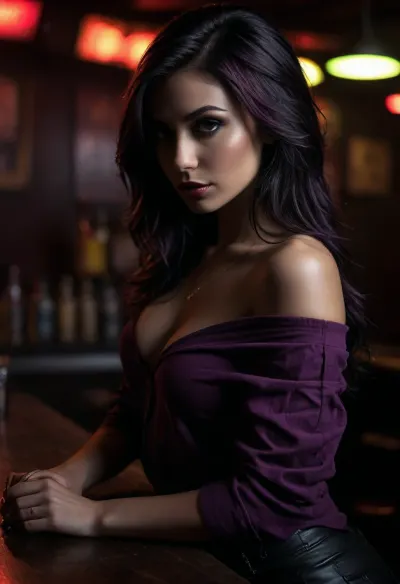 neonpunk style, (25 year old bartender), small tits, (leaning forward over the bar), leaning towards you, hands on the bar, pretty face, long black hair, (loose off the shoulder top), (looking down shirt), seductive, horny expression, dive bar, punk style, cyberpunk, vaporwave, neon, vibes, vibrant, crisp, hyper realistic, sleek, magenta highlights, dark purple shadows, <lora:attractive_notrigger:.5>, <lora:dark:.3>