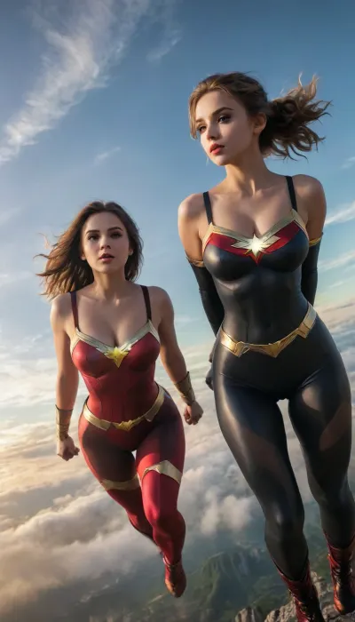 high definition photography, hyper realistic photo, realistic skin, realistic face, detailed full lips, two girls levitating in sky, different hairstyles, shinning eyes, huge breasts, perky nipples, black tight superhero costume, sunrise, girl, <lora:add-detail-xl:.8>, <lora:xl_more_art-full_v1:.8>, <lora:sd_xl_dpo_lora_v1:.8>, <lora:sl_btf:.8>