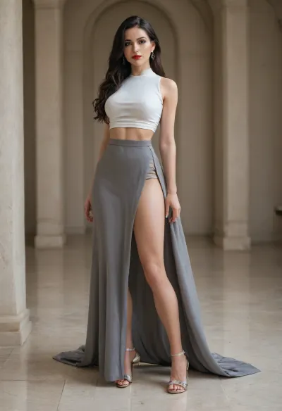 in a posh hotel elegant room vith a view, posing, sleeveless cropped tight shirt, modern pointed open toe high heels, long skirt, doung hair, makeup, red lipstick, big eyes, black long hair, fit body, long legs, seductive eye contact, natural big soft boobs, pokies