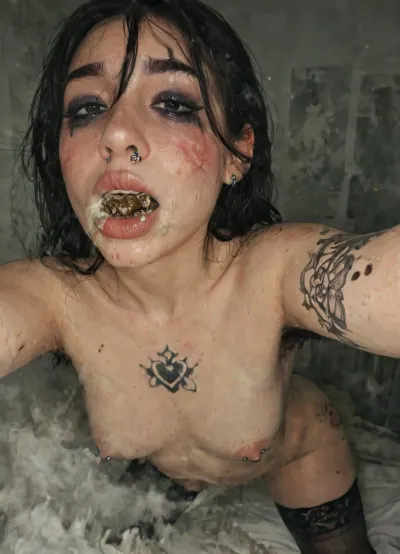 1 russian girl, (((barfing))), (puke), (puked), ((she is puking over her body), gagging and puking over her chest, ((white dense steam around mouth)), (steaming mouth), (((lots of steam))), steaming, tattoos over body, piercings, scat, shit fetish, scat fetish, (farting, farts, extreme fart, couldy fart, fartcloud), (hairy armpits), smeared shit, scatfetish, nose piercing, nipple piercing, pierced, sceptum piercing, blushed, blushing, tattered marks, tattered body, slap marks, whip marks, whipped, emo, goth, (((horny))), black hair, small breasts, fit, perfect muscular abs, six pack, sweating, oily skin, shitty, dirty skin, dirty body, lots of steam coming from mouth, steam entering nose, stink, dirt, filth, dirty smell, smelly, bad smell, smelly stink, musk, haze, bloom, fog, foggy, (black nylon thighhighs), gorgeous, girl ready to be fucked, heavy eyeliner, dark background, wide angle selfie photo, tears, ruined makeup, petite, lots of steam, very submissive, exposed, (moaning, orgasm), ((legs shaking)), detailed, closed mouth, photo, <lora:mobile:.8>)
