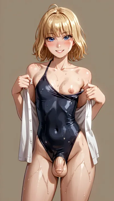 Trans, blond hair, pony tail, standing in relaxed pose, looks not at the viewer, skinny body, tight black swimsuit, thicc thighs, ((flaccid penis bulge in her swimsuit, penis bulge, a bit wet penis)), smiling, perky breasts, flashing one breast, looking at viewer, solo, femboy, blush, trap, curvy body, one, breast, out, Trfut, flac-futa, flac-penis, photo, artwork, <lora:NEOTOKIOXL_0.2_RC:.9>, <lora:one breast out XL:1>, <lora:SDXLlora4flFut-000014:.8>