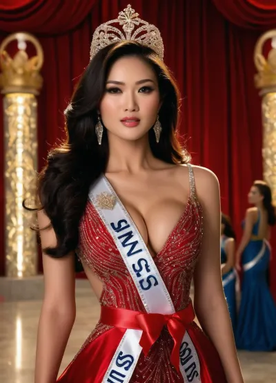 Photorealistic image, Asian girl, Miss Universe winner, perfect figure, slim waist, long slender legs, flat tummy, huge breasts, very long straight shiny black hair, in super sexy long evening dress, huge cleavage to the waist, floor to waist slit, diamond crown, (("Miss Universe" ribbon over her left shoulder:1.5)), super detailed photorealistic image, front view, 8K quality.