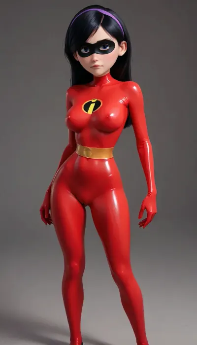 (((21 years old))), sweaty, huge breasts, wide hips, hourglass figure, Pixar style, Full view, ((heroic pose)), red latex bodysuit, black latex eye mask, black latex stockings, long black hair, (pixarstyle:1), FastNegativeV2, violetparr, (/The, Incredibles), /, (ultra, HD, quality, details), hair, long, purple hairband, purple, eyes, unaestheticXL_cbp62, <lora:Violet_Parr_-_The_Incredibles_-_SDXL1.0:.5>, <lora:Samaritan 3d Cartoon SDXL:.3>, <lora:SquattingAnal:.5>