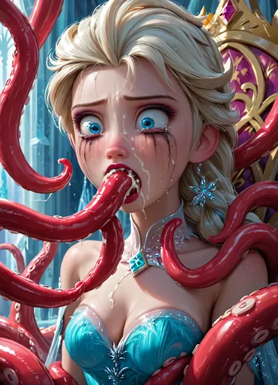 masterpiece, best quality, highly detailed, (anime:1.2), BREAK, (close up on girl's face:1.4), ((Elsa from Frozen with 6 tentacles)), (shocked, fear, crying, tears, surprised), running makeup, (sitting on a throne in a castle:1.2), (she is wearing a really torn dress, tentacles tore her clothes, she has one boob out:1), natural B cup breasts, perfect nipples, slim, athletic, gymnast body, looking down, eyes looking down, (restrained by tentacles, multiple tentacles slide deep into her mouth, multiple tentacles release massive loads of cum inside her mouth, she is sucking on multiple tentacles, blowjob, fellatio:1.2), oral, (oral creampie:1.2), cum on face, cum in hair, cum spurts from mouth, <lora:Animated_Concept:1>, <lora:add-detail-xl:.8>, <lora:Super_Eye_Detailer_By_Stable_Yogi_SDPD0:.8>