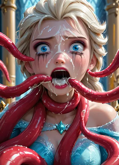 masterpiece, best quality, highly detailed, (anime:1.2), BREAK, (close up on girl's face:1.4), ((Elsa from Frozen with 6 tentacles)), (shocked, fear, screaming, crying, tears, surprised), running makeup, (sitting on a throne in a castle:1.2), (she is wearing a really torn dress, tentacles tore her clothes, she has one boob out:1), natural B cup breasts, perfect nipples, slim, athletic, gymnast body, restrained, many slimy tentacles, (a tentacle sliding in between her breasts shoots cum into her mouth while 5 tentacles ejaculate shooting multiple cumshots hitting her in the face and hair:1.2), (Elsa receiving cumshots to the face from 5 cumming tentacles:1.2), (cum on face:1.1), (cum in hair:1.1), (cum covered clothes:1), (cum in mouth:1), tentacles wrapped around her torso, breasts, neck, <lora:Animated_Concept:1>, <lora:add-detail-xl:.8>, <lora:Super_Eye_Detailer_By_Stable_Yogi_SDPD0:.8>