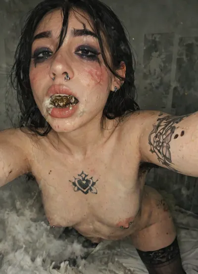 1 russian girl, (((barfing))), (puke), (puked), ((she is puking over her body), gagging and puking over her chest, ((white dense steam around mouth)), (steaming mouth), (((lots of steam))), steaming, tattoos over body, piercings, scat, shit fetish, scat fetish, (farting, farts, extreme fart, couldy fart, fartcloud), (hairy armpits), smeared shit, scatfetish, nose piercing, nipple piercing, pierced, sceptum piercing, blushed, blushing, tattered marks, tattered body, slap marks, whip marks, whipped, emo, goth, (((horny))), black hair, small breasts, fit, perfect muscular abs, six pack, sweating, oily skin, shitty, dirty skin, dirty body, lots of steam coming from mouth, steam entering nose, stink, dirt, filth, dirty smell, smelly, bad smell, smelly stink, musk, haze, bloom, fog, foggy, (black nylon thighhighs), gorgeous, girl ready to be fucked, heavy eyeliner, dark background, wide angle selfie photo, tears, ruined makeup, petite, lots of steam, very submissive, exposed, (moaning, orgasm), ((legs shaking)), detailed, closed mouth, photo, <lora:mobile:.8>)